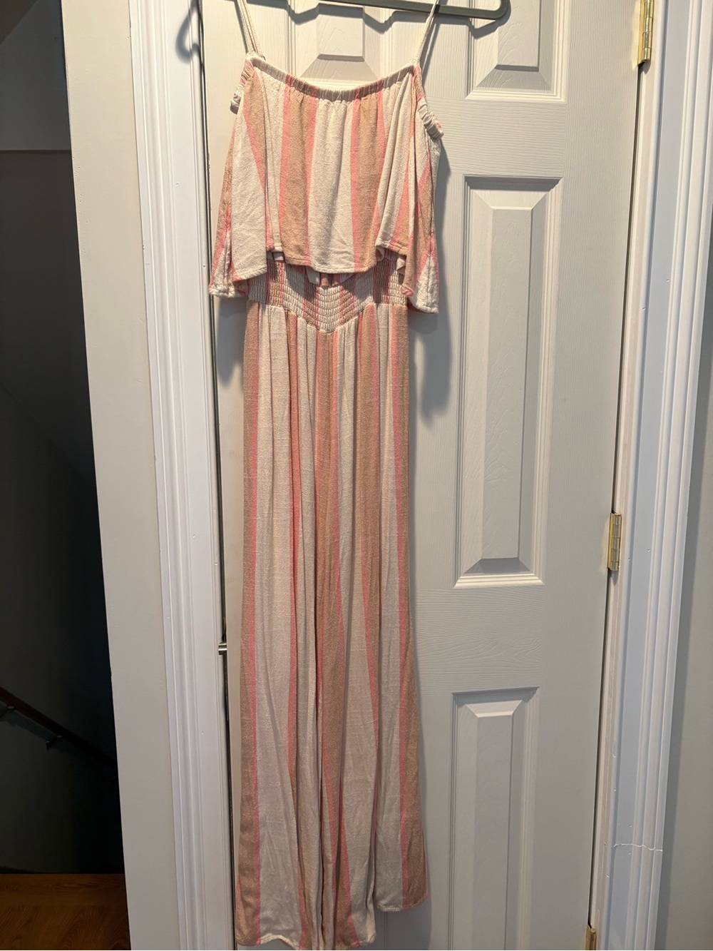 Rip Curl Striped Off-Shoulder Wide-Leg Jumpsuit in Cream & Pink
